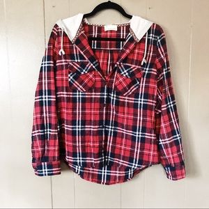 Red and Navy Flannel With Gray Hood